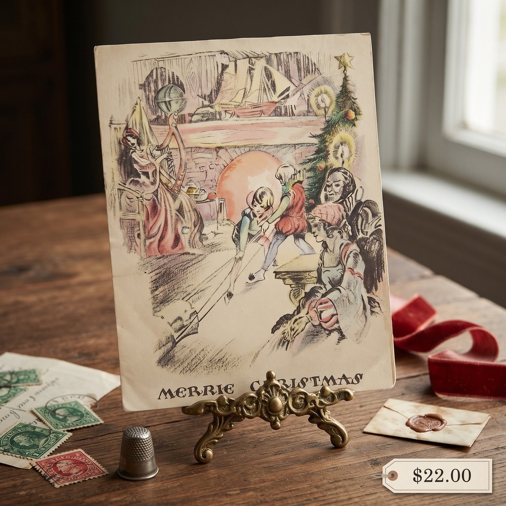 VTG Merrie Christmas Greeting Card Hearth Scene Bell Ringers Illustration